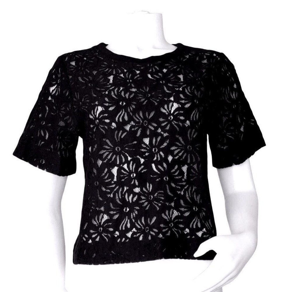 Oliver Bonas Black Floral Lace Short Sleeve Crew Neck Top NWT Size‎ US 4 UK 8